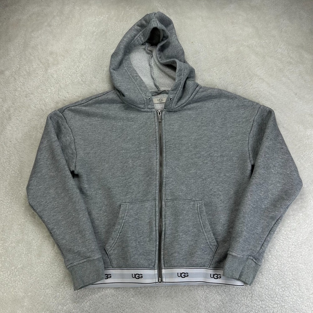 UGG Full-Zip Cropped Hoodie Womens M Gray Logo Elastic Waistband "Read"